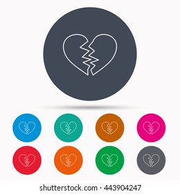 Broken heart icon. Divorce sign. End of love symbol. Icons in colour circle buttons. Vector