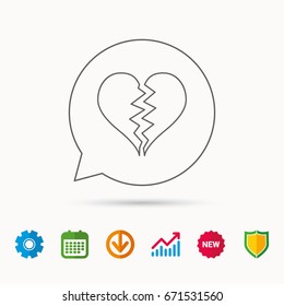 Broken heart icon. Divorce sign. End of love symbol. Calendar, Graph chart and Cogwheel signs. Download and Shield web icons. Vector