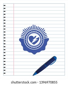 broken heart icon emblem draw with pen effect. Blue ink. Vector Illustration. Detailed.