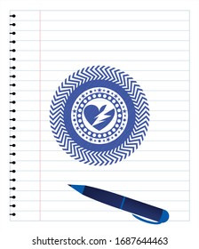 broken heart icon emblem drawn with pen. Blue ink. Vector Illustration. Detailed.