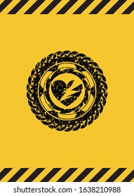 broken heart icon grunge black emblem with yellow background, warning sign. Vector Illustration. Detailed.