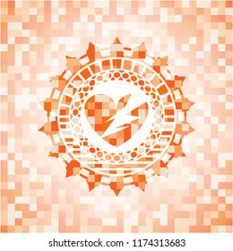 broken heart icon inside abstract orange mosaic emblem