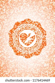 broken heart icon inside abstract orange mosaic emblem with background