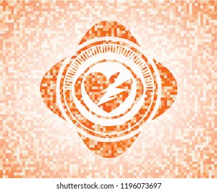 broken heart icon inside abstract emblem, orange mosaic background