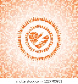 broken heart icon inside abstract orange mosaic emblem with background