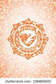 broken heart icon inside abstract orange mosaic emblem