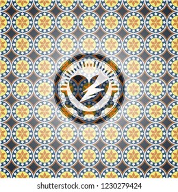 broken heart icon inside arabic style badge. Arabesque decoration.