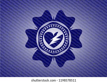 broken heart icon inside badge with jean texture