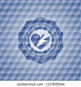 broken heart icon inside blue emblem with geometric pattern background.