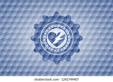broken heart icon inside blue emblem with geometric pattern.