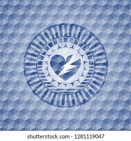 broken heart icon inside blue emblem with geometric background.