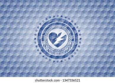 broken heart icon inside blue hexagon emblem.