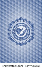 broken heart icon inside blue emblem with geometric pattern background.