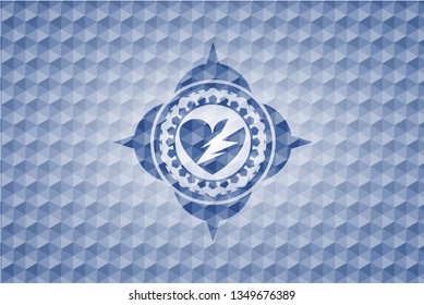 broken heart icon inside blue badge with geometric pattern background.