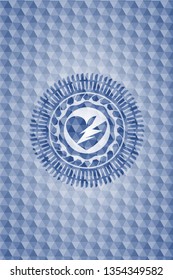broken heart icon inside blue emblem with geometric pattern.
