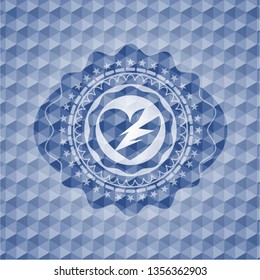 broken heart icon inside blue emblem or badge with geometric pattern background.