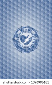 broken heart icon inside blue emblem with geometric pattern background.