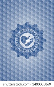 broken heart icon inside blue badge with geometric pattern background.
