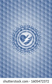 broken heart icon inside blue hexagon emblem.