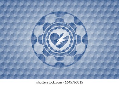 broken heart icon inside blue polygonal badge.