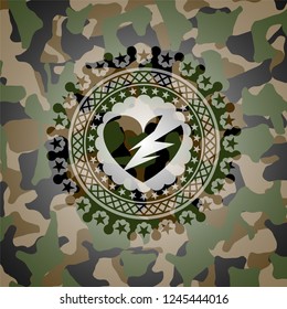 broken heart icon inside camouflage emblem