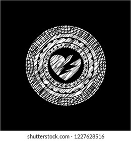 broken heart icon inside chalkboard emblem