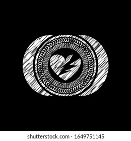 broken heart icon inside chalkboard emblem