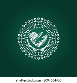 broken heart icon inside chalkboard emblem. 