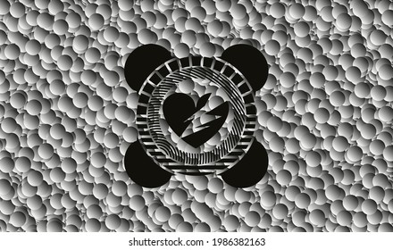 icono del corazón roto dentro del emblema oscuro con fondo de burbujas. Ilustración vectorial. Detallado. 