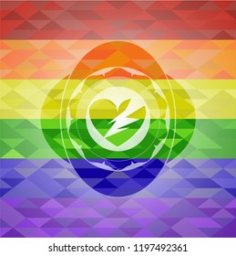 broken heart icon inside emblem on mosaic background with the colors of the LGBT flag