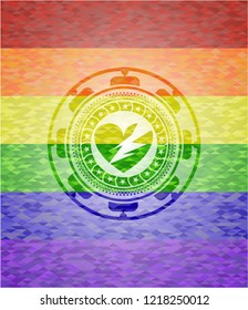 broken heart icon inside emblem on mosaic background with the colors of the LGBT flag