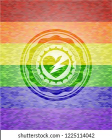 broken heart icon inside emblem on mosaic background with the colors of the LGBT flag