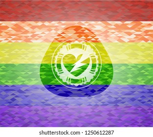 broken heart icon inside emblem on mosaic background with the colors of the LGBT flag