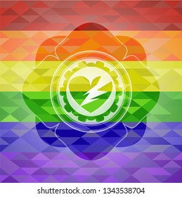 broken heart icon inside emblem on mosaic background with the colors of the LGBT flag