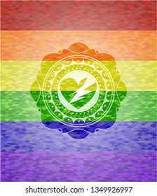 broken heart icon inside emblem on mosaic background with the colors of the LGBT flag