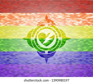 broken heart icon inside emblem on mosaic background with the colors of the LGBT flag