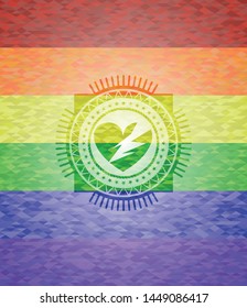 broken heart icon inside emblem on mosaic background with the colors of the LGBT flag