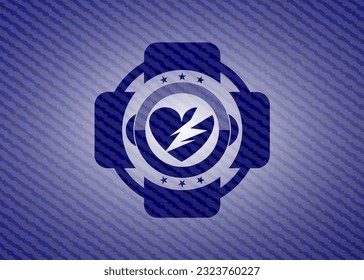 broken heart icon inside emblem with jean background. 