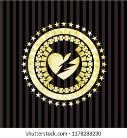 broken heart icon inside gold emblem or badge