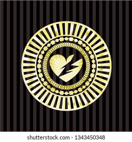 broken heart icon inside gold emblem or badge