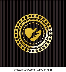 broken heart icon inside gold badge or emblem