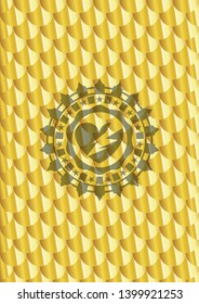 broken heart icon inside gold emblem or badge. Scales pattern. Vector Illustration. Detailed.