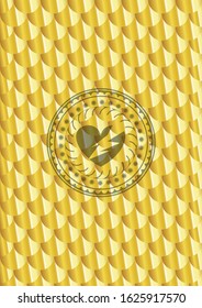 broken heart icon inside gold emblem. Scales pattern. Vector Illustration. Detailed.