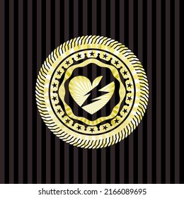 broken heart icon inside gold shiny emblem. 