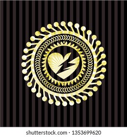 broken heart icon inside golden emblem or badge