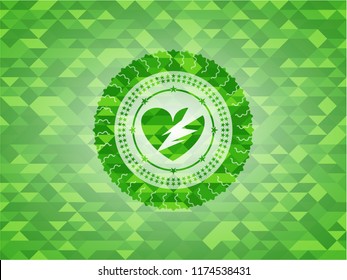 broken heart icon inside green emblem. Mosaic background