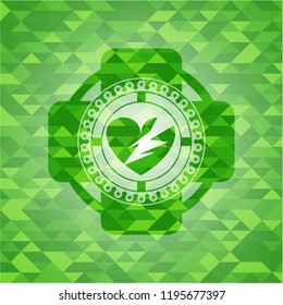 broken heart icon inside green emblem with mosaic ecological style background