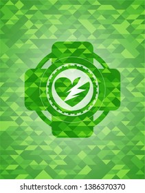 broken heart icon inside green emblem. Mosaic background