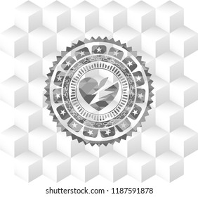 broken heart icon inside grey emblem with cube white background