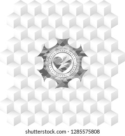 broken heart icon inside grey icon or emblem with geometric cube white background
